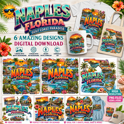 Naples Florida PNG Gulf Coast Landmarks Travel Souvenir Collage Sublimation T-Shirt Design Commercial Use Download