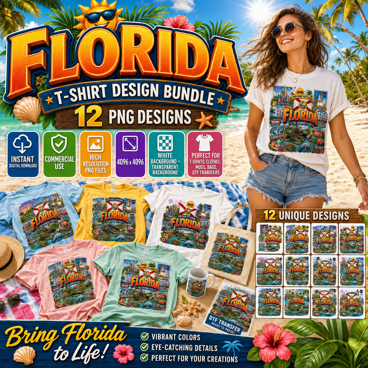 Florida Sunshine State PNG Travel Souvenir Collage Sublimation Design Landmarks Beach POD T-Shirt Mug Tumbler