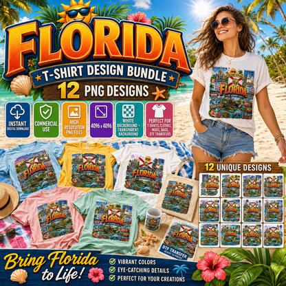Florida Sunshine State PNG Travel Souvenir Collage Sublimation Design Landmarks Beach POD T-Shirt Mug Tumbler