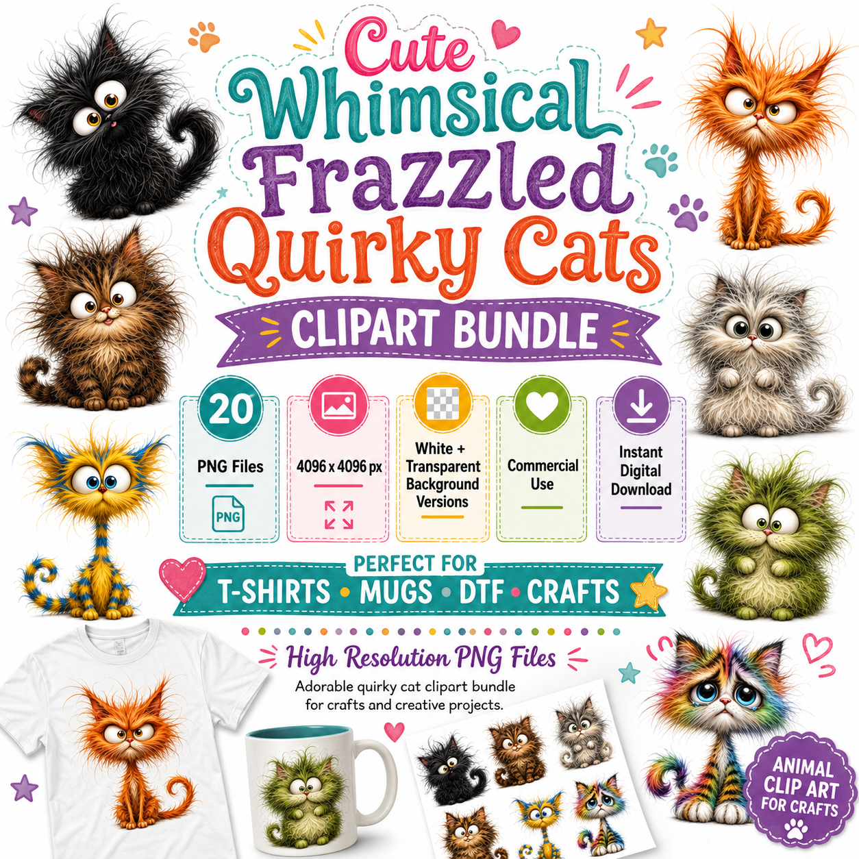 Whimsical Cartoon Cat PNG Bundle, Big-Eyed Fluffy Cats Sublimation, Cute Kawaii Cat Clipart for Tshirt Mug Tumbler Comme