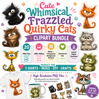 Whimsical Cartoon Cat PNG Bundle, Big-Eyed Fluffy Cats Sublimation, Cute Kawaii Cat Clipart for Tshirt Mug Tumbler Comme