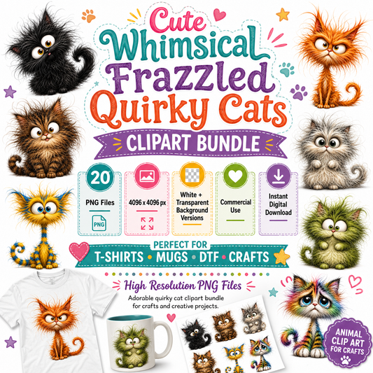 Whimsical frazzled cat clipart bundle preview — 20 big-eyed quirky cartoon cats in many colors with t-shirt and mug mockups for sublimation crafts.