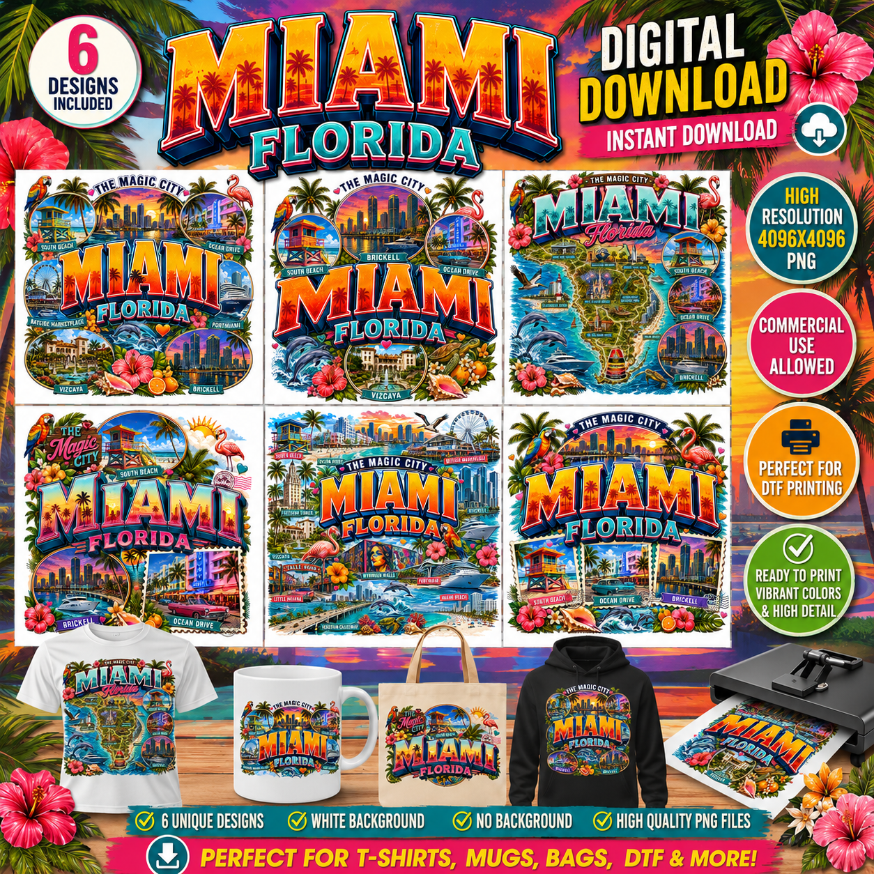 Miami Florida Travel Poster, Vibrant City Landmarks Collage Printable Wall Art, Commercial Use PNG Sublimation Design