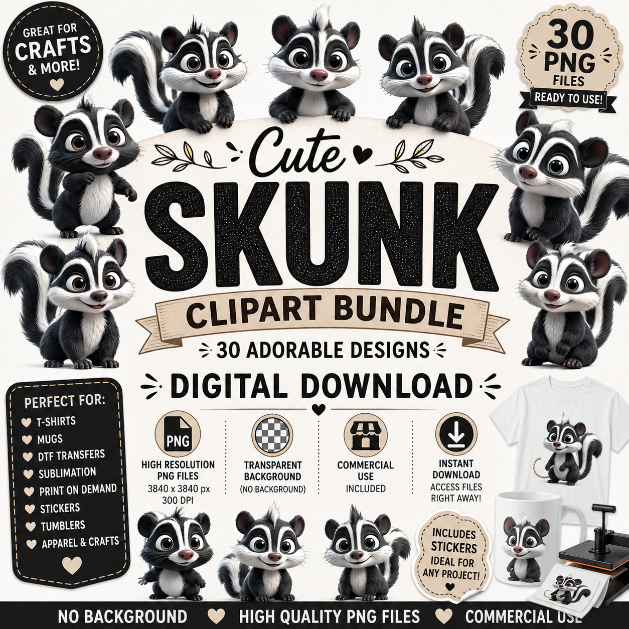 Cute Skunk Nursery Wall Art Printable Woodland Animal Decor PNG Kids Room Sublimation Commercial Use
