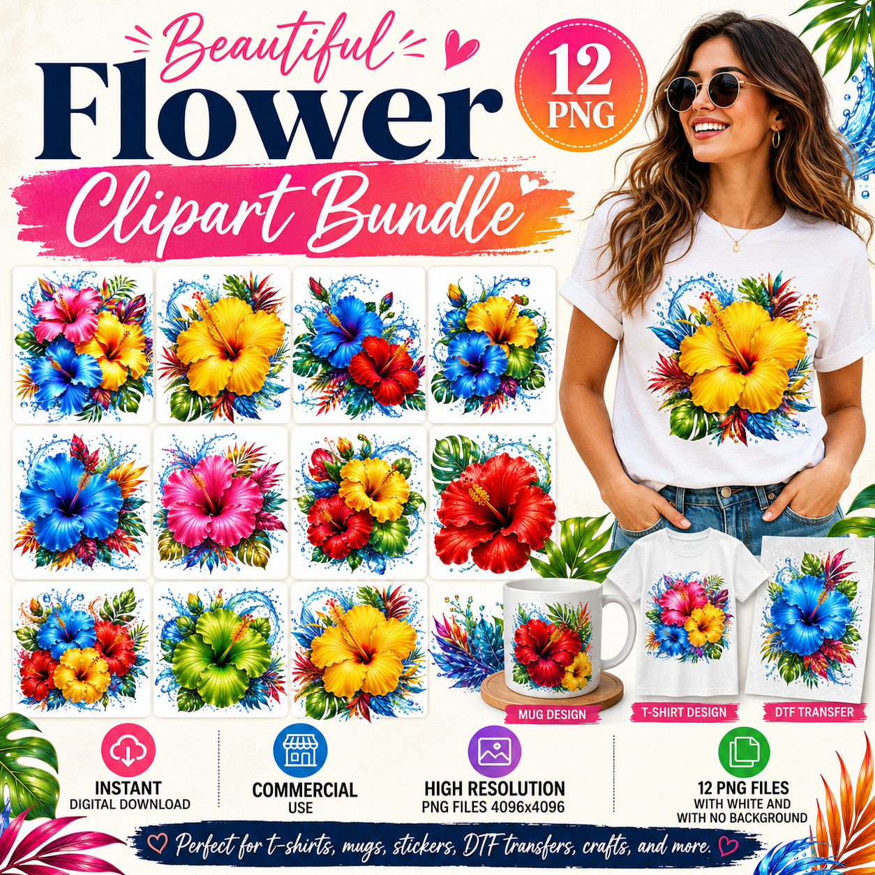 Tropical Hibiscus PNG Sublimation Design Vibrant Watercolor Flower Water Splash Clipart Commercial Use, water splash art, hibiscus flower png, hibiscus png, PNG, digital download, high resolution