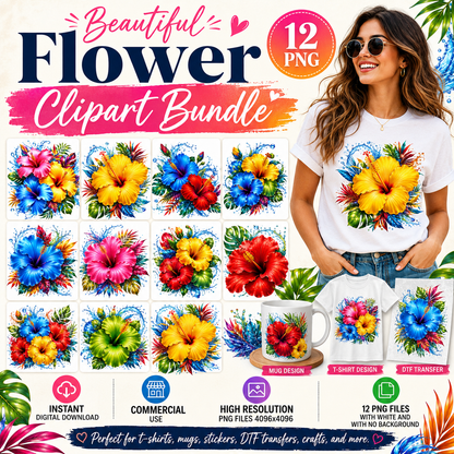Tropical Hibiscus PNG Sublimation Design Vibrant Watercolor Flower Water Splash Clipart Commercial Use, water splash art, hibiscus flower png, hibiscus png, PNG, digital download, high resolution