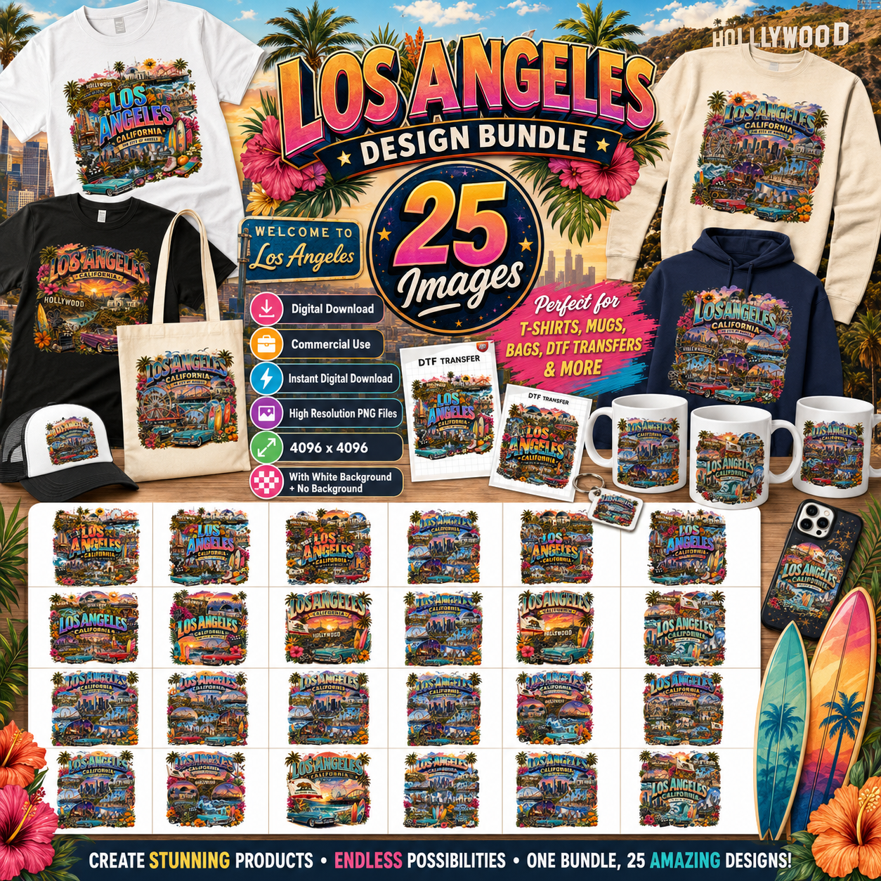 Los Angeles California Travel Collage Digital Art Print | Vibrant LA Landmark & Attraction Wall Decor | Instant Download, california dream, iconic la, cali decor, PNG, digital download, high resolution