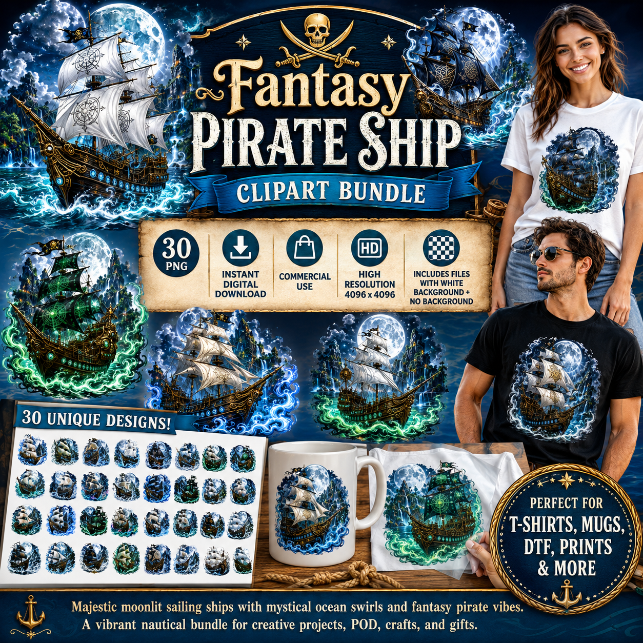 Pirate Ship PNG Fantasy Galleon Sublimation Design Glowing Moon Nautical Clipart Commercial Use, magical pirate, pirate ship png, dreamy seascape, PNG, digital download, high resolution