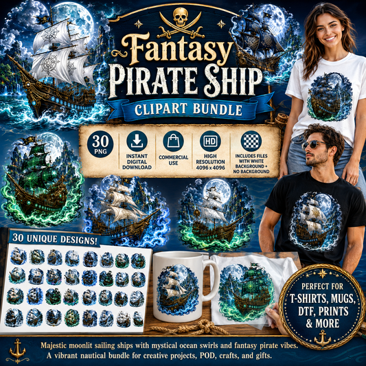 Pirate Ship PNG Fantasy Galleon Sublimation Design Glowing Moon Nautical Clipart Commercial Use, magical pirate, pirate ship png, dreamy seascape, PNG, digital download, high resolution