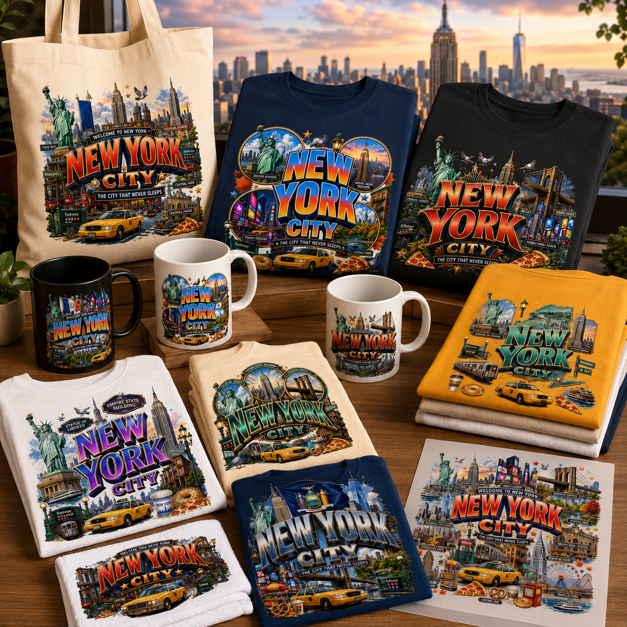 Vibrant New York City Illustration Digital Download - NYC Landmark Art Print for Commercial Use, times square art, nyc illustration, brooklyn bridge, PNG, digital download, high resolution