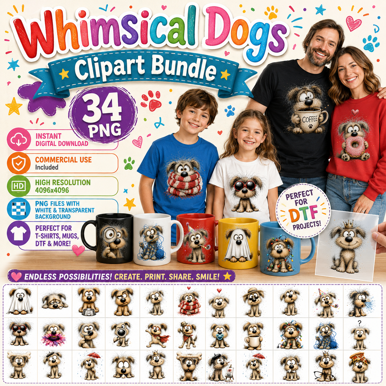 Shaggy Dog Clipart Bundle - Whimsical Puppy PNGs for Holidays & Everyday Humor - Commercial Use Digital Download for POD Digital Downloads, fluffy dog png, small biz graphic, cartoon dog pack, PNG, digital download, high resolution