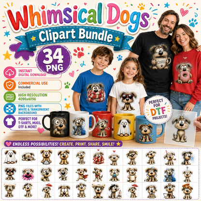 Shaggy Dog Clipart Bundle - Whimsical Puppy PNGs for Holidays & Everyday Humor - Commercial Use Digital Download for POD Digital Downloads, fluffy dog png, small biz graphic, cartoon dog pack, PNG, digital download, high resolution