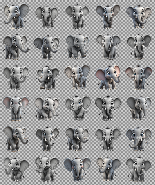 Cute baby elephant clipart — full set shown as a grid of gray cartoon elephants on a transparent checkerboard background, no-background PNG preview