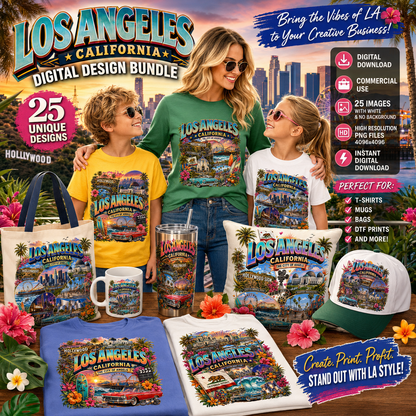 Los Angeles California Travel Collage Digital Art Print | Vibrant LA Landmark & Attraction Wall Decor | Instant Download, west coast art, tourist art, landmark artwork, PNG, digital download, high resolution