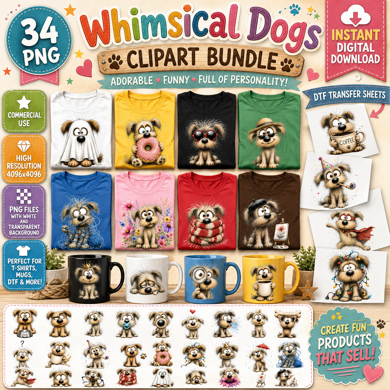 Shaggy Dog Clipart Bundle - Whimsical Puppy PNGs for Holidays & Everyday Humor - Commercial Use Digital Download for POD Digital Downloads, pet wall art, whimsical animal art, christmas dog art, PNG, digital download, high resolution