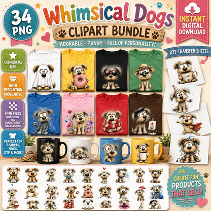 Shaggy Dog Clipart Bundle - Whimsical Puppy PNGs for Holidays & Everyday Humor - Commercial Use Digital Download for POD Digital Downloads, pet wall art, whimsical animal art, christmas dog art, PNG, digital download, high resolution