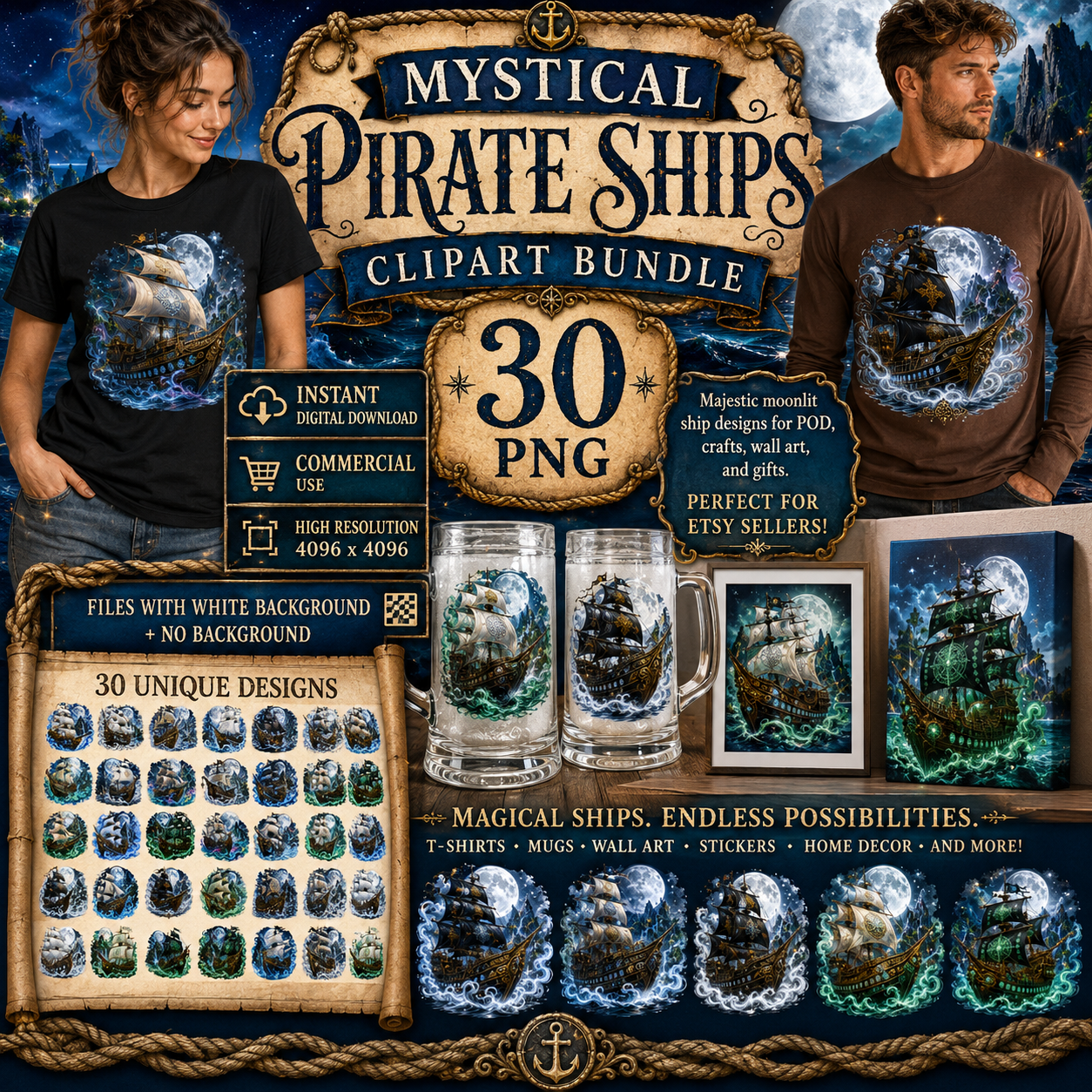 Pirate Ship PNG Fantasy Galleon Sublimation Design Glowing Moon Nautical Clipart Commercial Use, ocean fantasy print, digital download pir, waterfall island art, PNG, digital download, high resolution