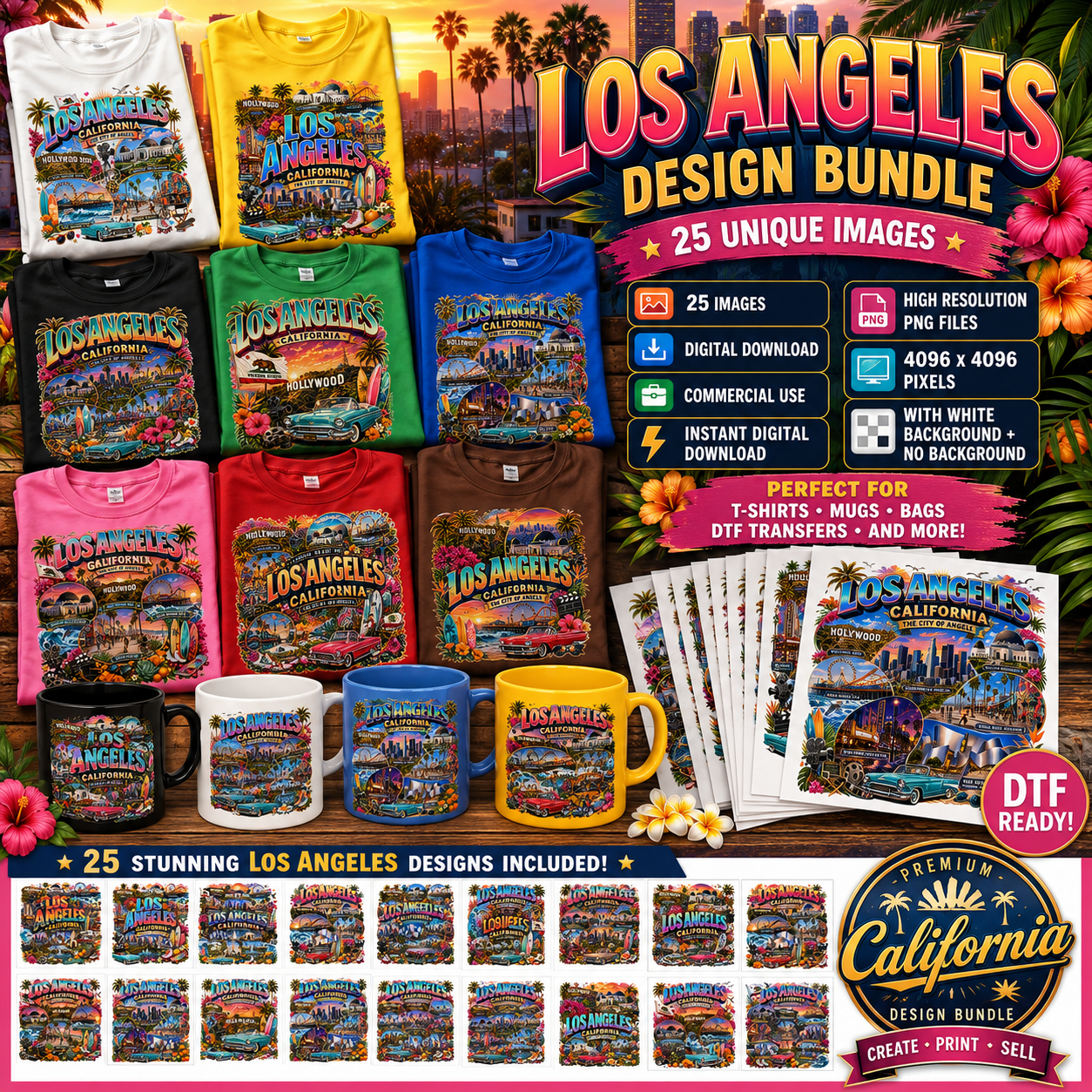 Los Angeles California Travel Collage Digital Art Print | Vibrant LA Landmark & Attraction Wall Decor | Instant Download, la digital download, california dream, iconic la, PNG, digital download, high resolution