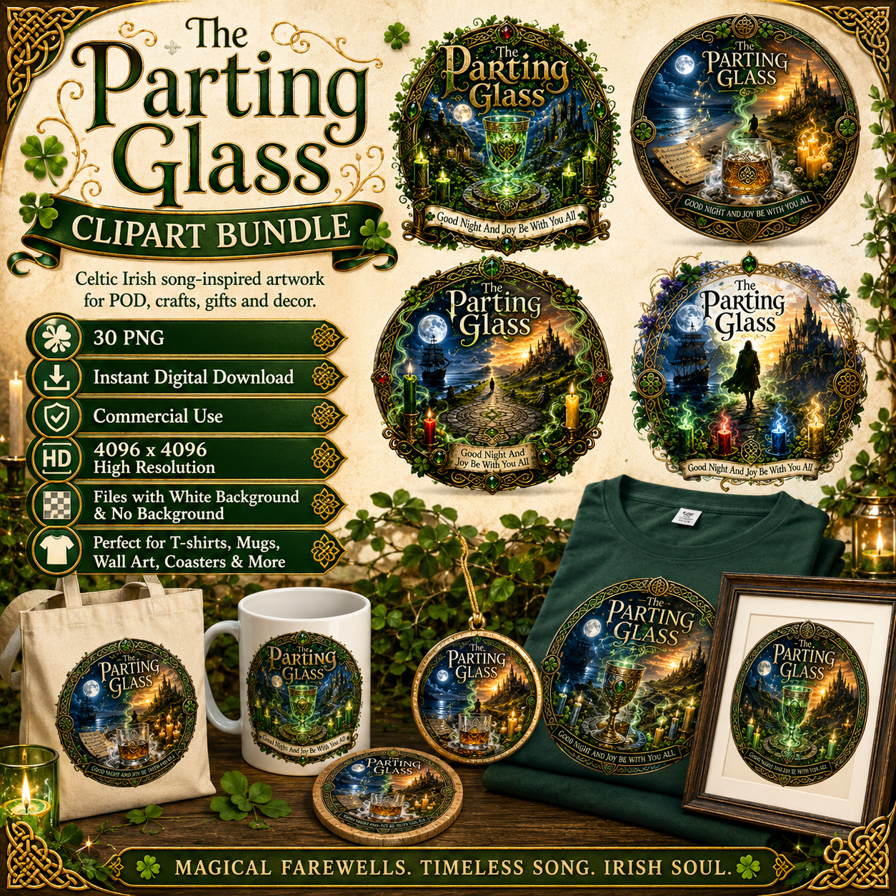 Celtic Parting Glass Irish Folk Song Emblem PNG | Sublimation Design | Commercial Use Print on Demand Art Digital Downloads, parting glass art, folk song art, irish quote png, PNG, digital download, high resolution