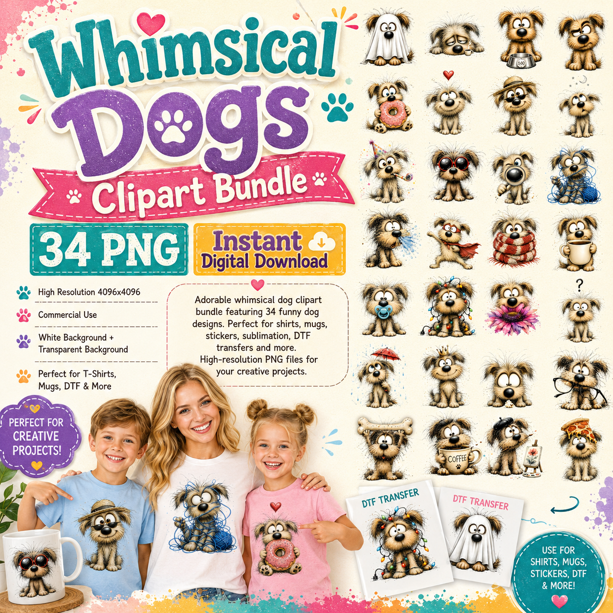 Shaggy Dog Clipart Bundle - Whimsical Puppy PNGs for Holidays & Everyday Humor - Commercial Use Digital Download for POD Digital Downloads, hungry dog art, fluffy dog png, small biz graphic, PNG, digital download, high resolution