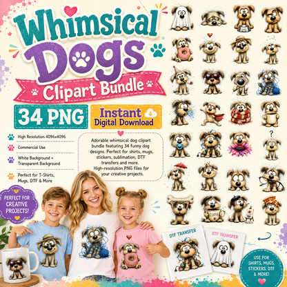 Shaggy Dog Clipart Bundle - Whimsical Puppy PNGs for Holidays & Everyday Humor - Commercial Use Digital Download for POD Digital Downloads, hungry dog art, fluffy dog png, small biz graphic, PNG, digital download, high resolution
