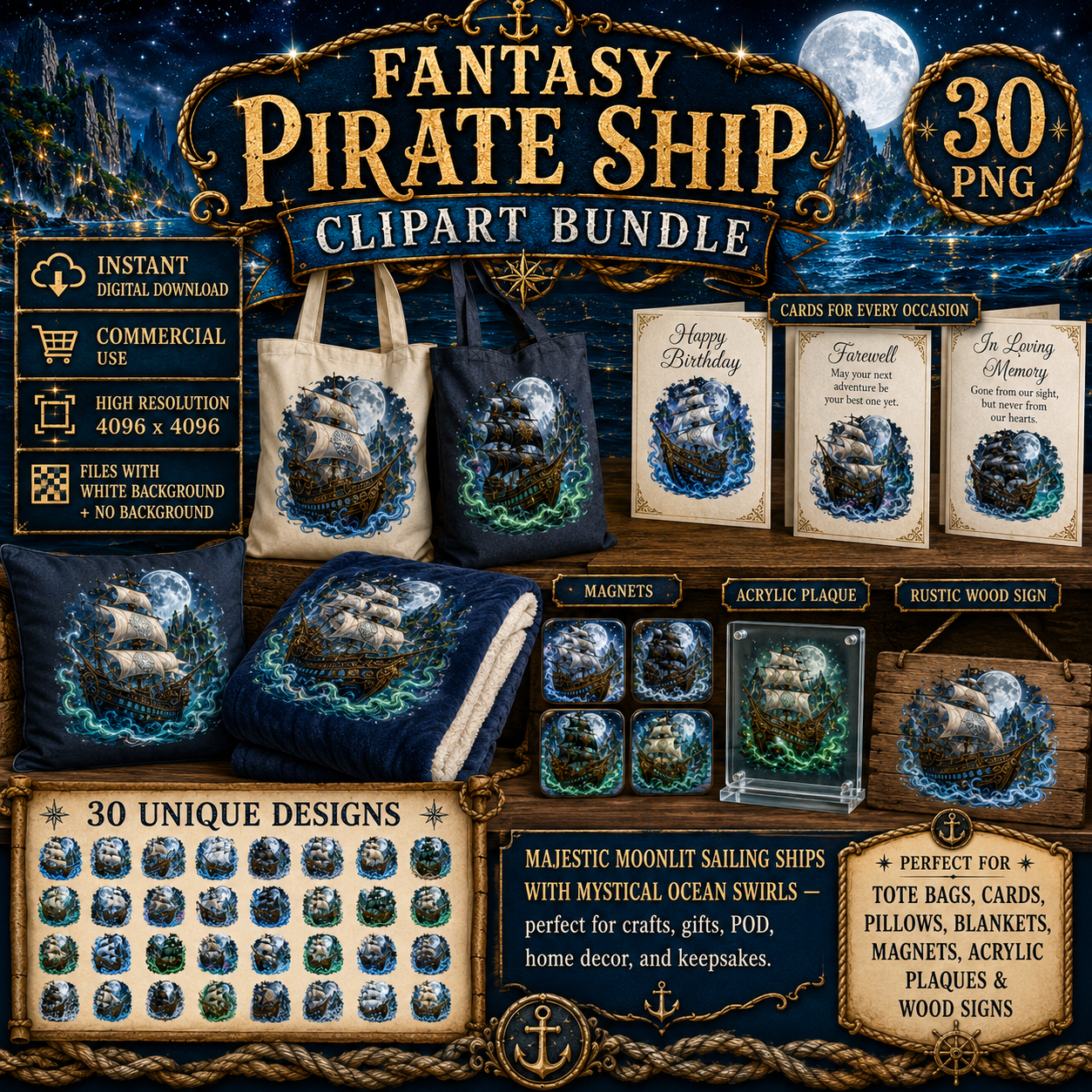 Pirate Ship PNG Fantasy Galleon Sublimation Design Glowing Moon Nautical Clipart Commercial Use, spanish galleon art, magical pirate, pirate ship png, PNG, digital download, high resolution