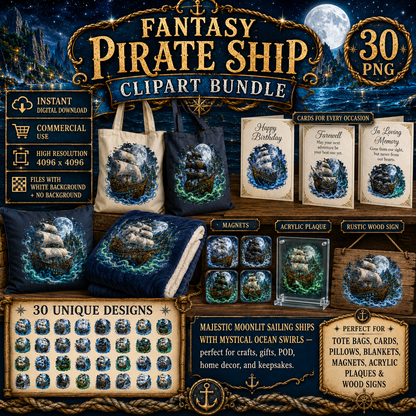 Pirate Ship PNG Fantasy Galleon Sublimation Design Glowing Moon Nautical Clipart Commercial Use, spanish galleon art, magical pirate, pirate ship png, PNG, digital download, high resolution