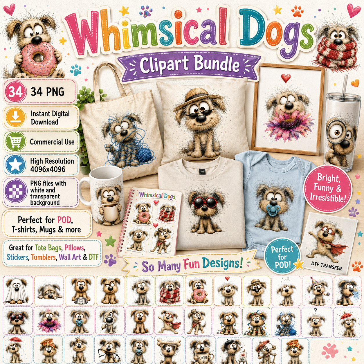 Shaggy Dog Clipart Bundle - Whimsical Puppy PNGs for Holidays & Everyday Humor - Commercial Use Digital Download for POD Digital Downloads, cartoon dog pack, whimsical dog png, canine artwork, PNG, digital download, high resolution