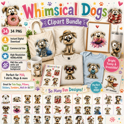 Shaggy Dog Clipart Bundle - Whimsical Puppy PNGs for Holidays & Everyday Humor - Commercial Use Digital Download for POD Digital Downloads, cartoon dog pack, whimsical dog png, canine artwork, PNG, digital download, high resolution