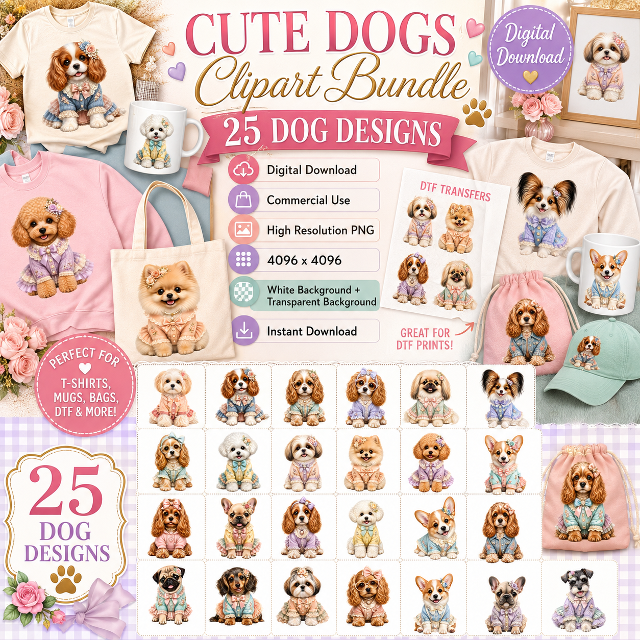 Puppy in Dress PNG Clipart | Adorable Nursery Decor & Pet Lover Gift | Cute Dog Sublimation Design for T-Shirts, etsy seller art, vintage pet illustra, nursery animal art, PNG, digital download, high resolution