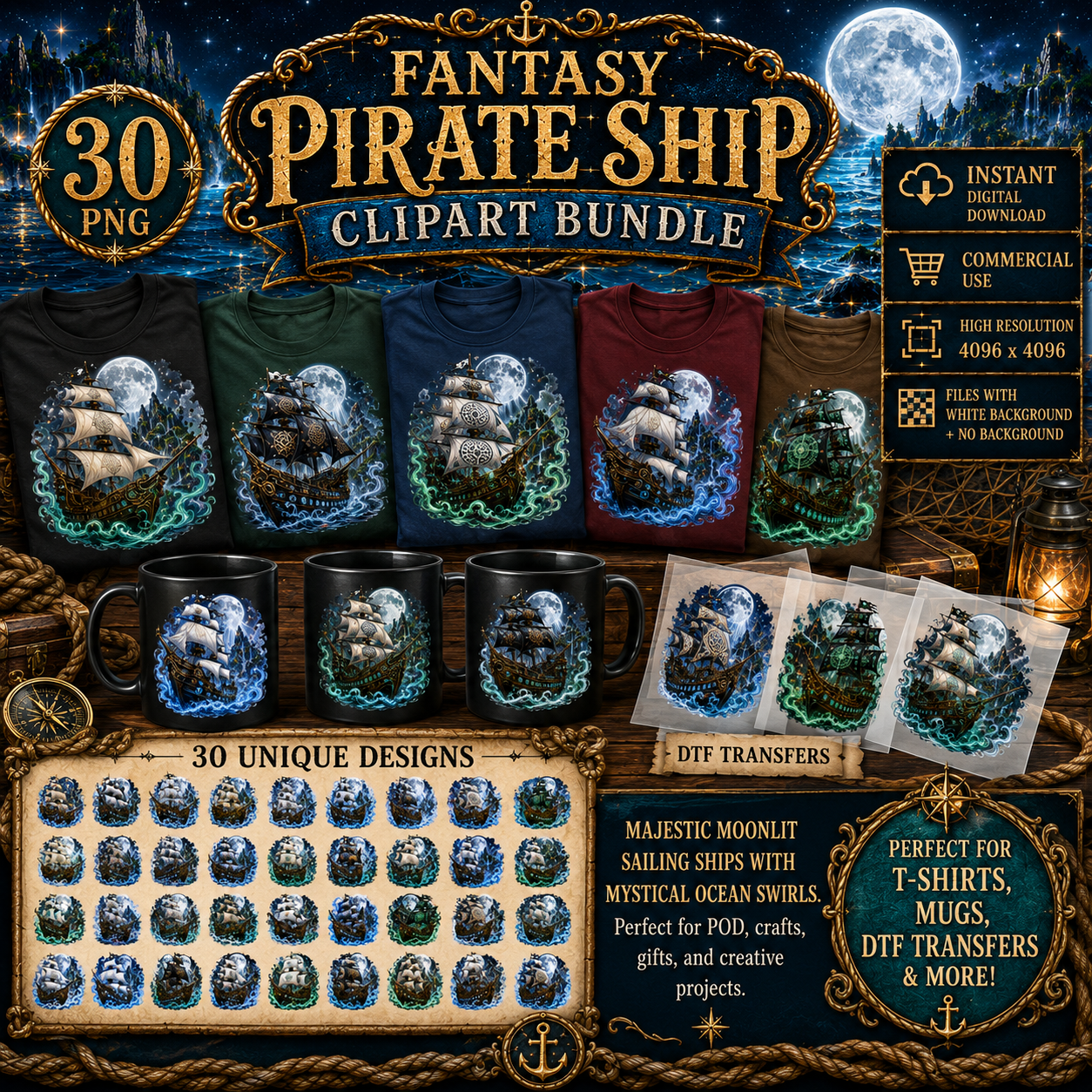 Pirate Ship PNG Fantasy Galleon Sublimation Design Glowing Moon Nautical Clipart Commercial Use, dreamy seascape, glowing moon art, moonlit ocean, PNG, digital download, high resolution