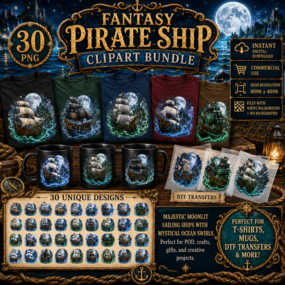 Pirate Ship PNG Fantasy Galleon Sublimation Design Glowing Moon Nautical Clipart Commercial Use, dreamy seascape, glowing moon art, moonlit ocean, PNG, digital download, high resolution