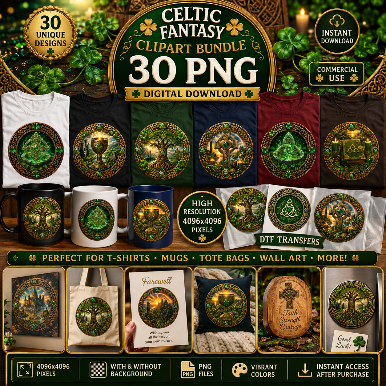 Vibrant Celtic Knotwork Dragon Art Digital Download | Irish Fantasy Symbol PNG for Commercial Use & POD, celtic gift idea, shamrock art print, fantasy irish art, PNG, digital download, high resolution
