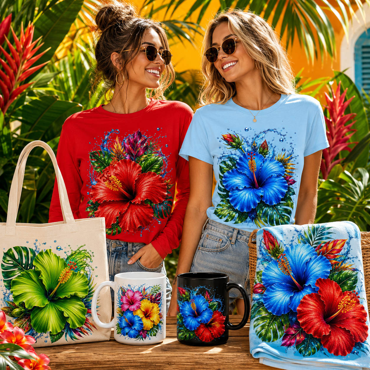 Tropical Hibiscus PNG Sublimation Design Vibrant Watercolor Flower Water Splash Clipart Commercial Use, summer beach clipart, water splash flower, monstera leaf clipar, PNG, digital download, high resolution