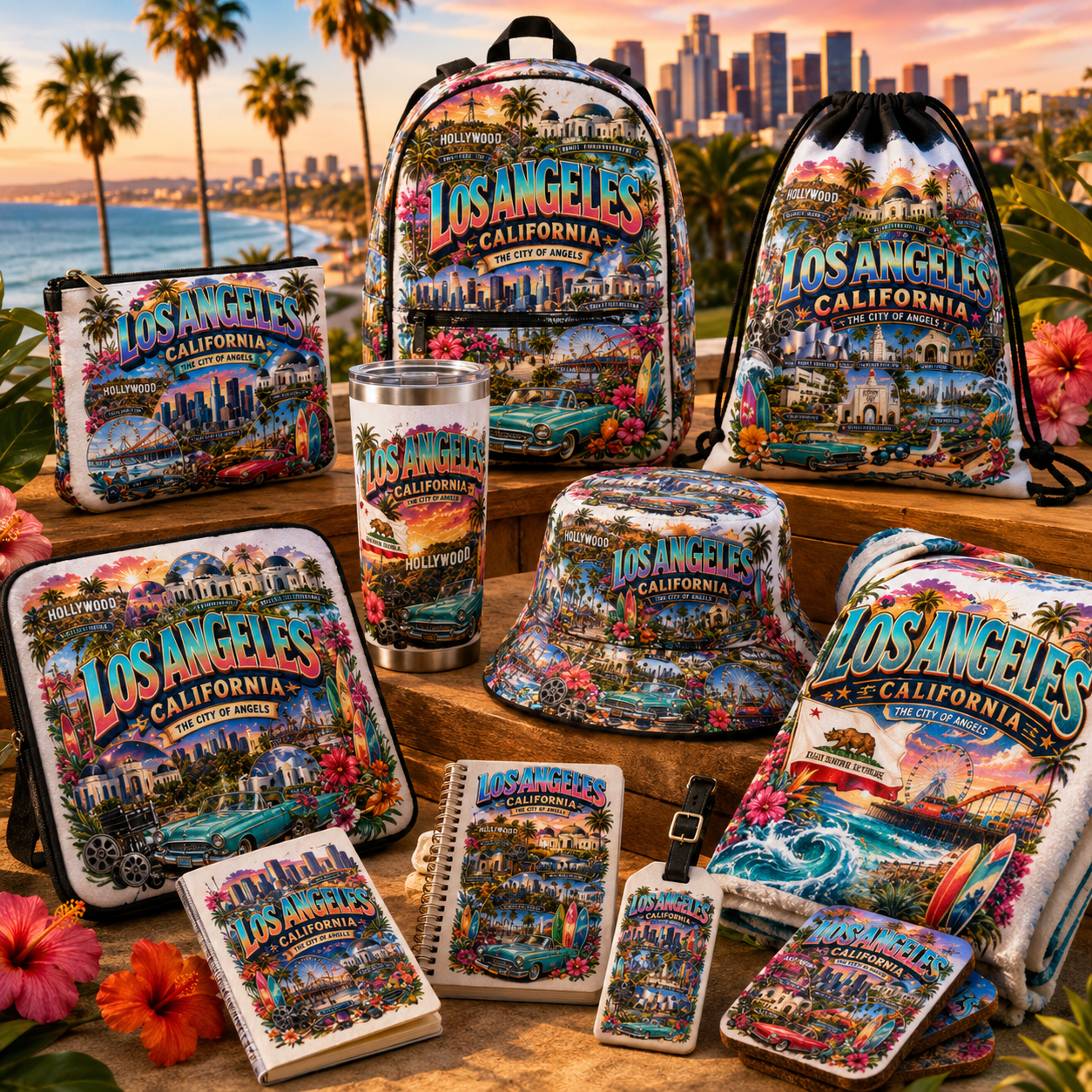 Los Angeles California Travel Collage Digital Art Print | Vibrant LA Landmark & Attraction Wall Decor | Instant Download, la travel poster, attraction print, city collage art, PNG, digital download, high resolution