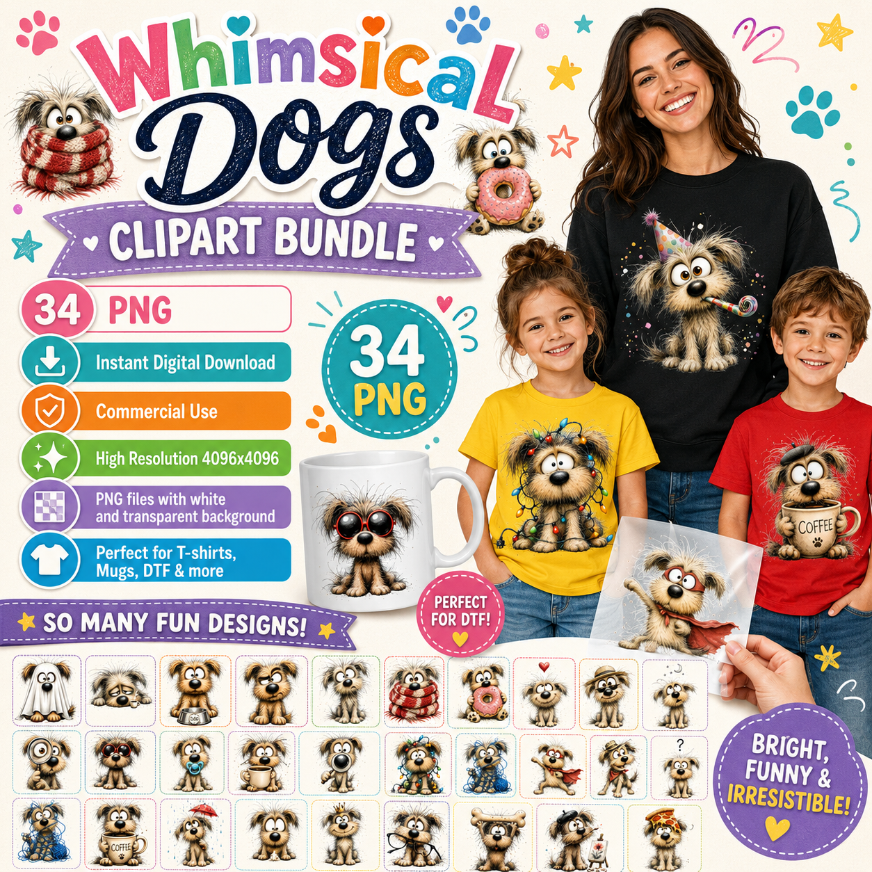 Shaggy Dog Clipart Bundle - Whimsical Puppy PNGs for Holidays & Everyday Humor - Commercial Use Digital Download for POD Digital Downloads, holiday dog design, dog themed craft, cartoon dog print, PNG, digital download, high resolution