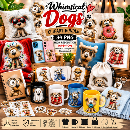 Shaggy Dog Clipart Bundle - Whimsical Puppy PNGs for Holidays & Everyday Humor - Commercial Use Digital Download for POD Digital Downloads, dog lover gift, pet wall art, whimsical animal art, PNG, digital download, high resolution