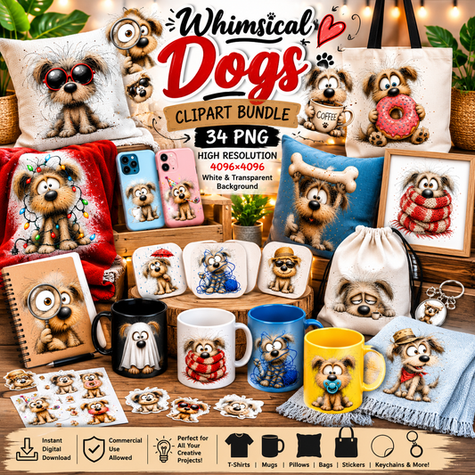 Shaggy Dog Clipart Bundle - Whimsical Puppy PNGs for Holidays & Everyday Humor - Commercial Use Digital Download for POD Digital Downloads, dog lover gift, pet wall art, whimsical animal art, PNG, digital download, high resolution