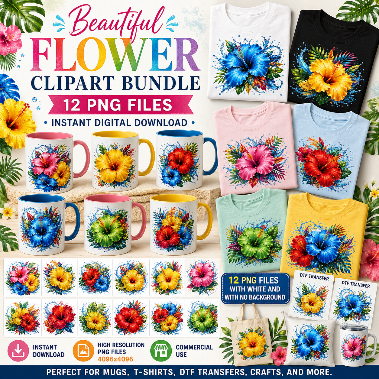 Tropical Hibiscus PNG Sublimation Design Vibrant Watercolor Flower Water Splash Clipart Commercial Use, beach house decor, summer wall art, water splash art, PNG, digital download, high resolution