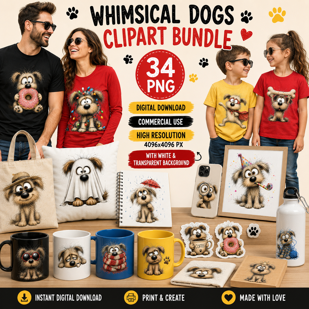 Shaggy Dog Clipart Bundle - Whimsical Puppy PNGs for Holidays & Everyday Humor - Commercial Use Digital Download for POD Digital Downloads, christmas dog art, hungry dog art, fluffy dog png, PNG, digital download, high resolution