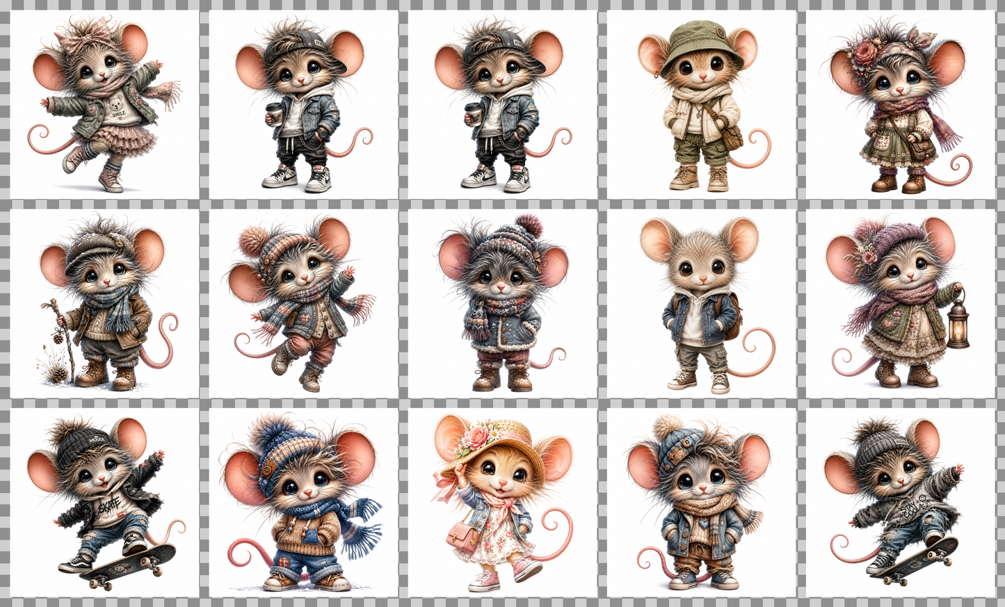 Cute Dressed Up Mice PNG Sublimation Bundle, Cartoon Mice Seasonal Outfits Clipart, POD Tshirt Tumbler Design Commercial Use