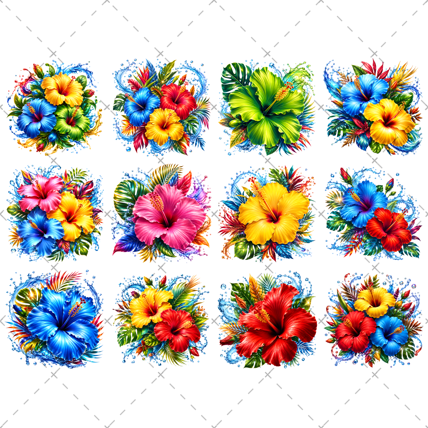 Tropical Hibiscus PNG Sublimation Design Vibrant Watercolor Flower Water Splash Clipart Commercial Use, paradise floral, hawaiian floral desi, summer beach clipart, PNG, digital download, high resolution