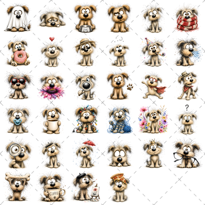 Shaggy Dog Clipart Bundle - Whimsical Puppy PNGs for Holidays & Everyday Humor - Commercial Use Digital Download for POD Digital Downloads, whimsical dog png, canine artwork, holiday dog design, PNG, digital download, high resolution