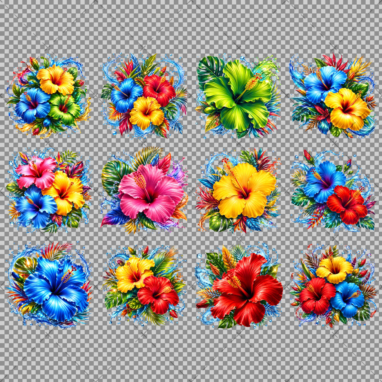 Tropical Hibiscus PNG Sublimation Design Vibrant Watercolor Flower Water Splash Clipart Commercial Use, water splash flower, monstera leaf clipar, vibrant tropical bou, PNG, digital download, high resolution