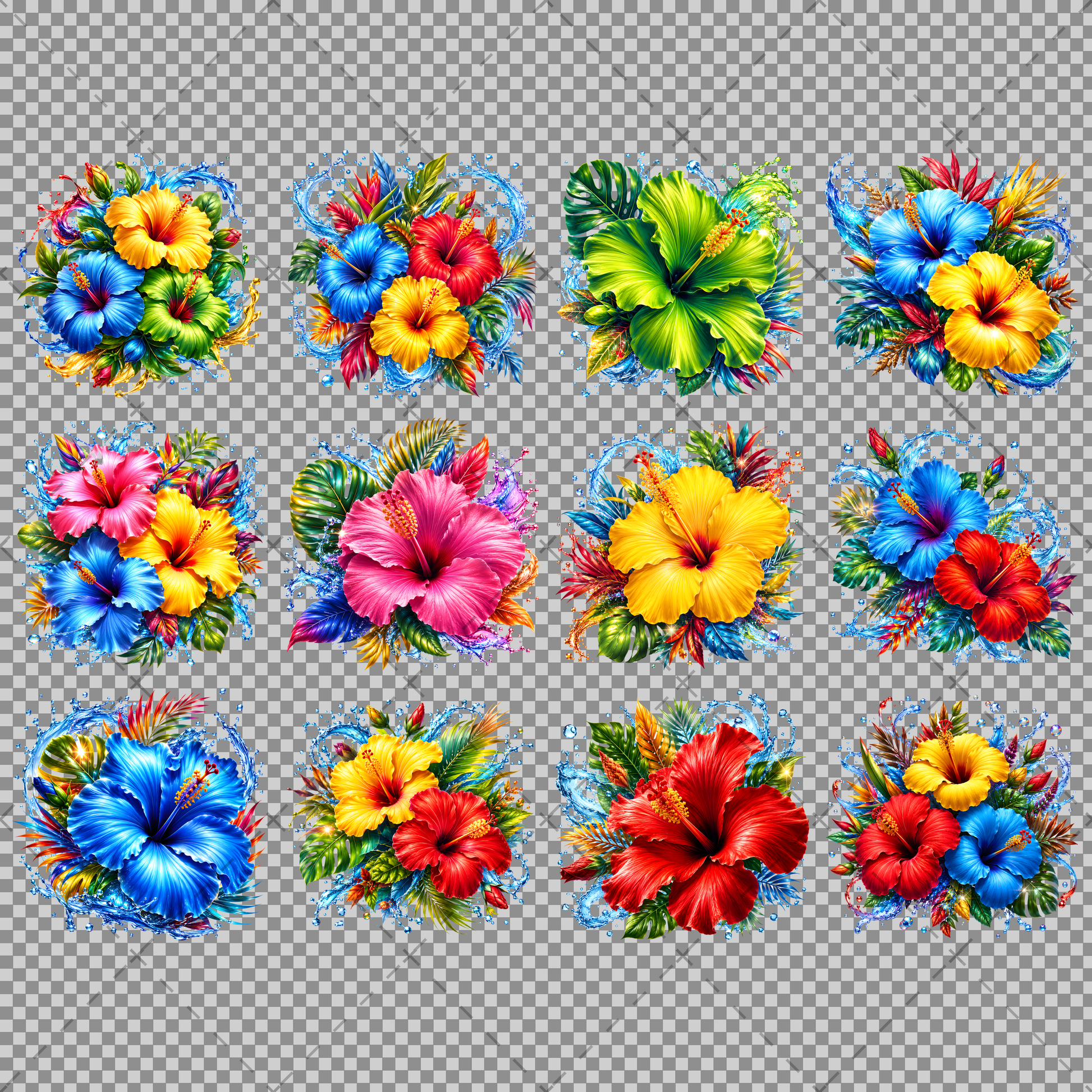 Tropical Hibiscus PNG Sublimation Design Vibrant Watercolor Flower Water Splash Clipart Commercial Use, water splash flower, monstera leaf clipar, vibrant tropical bou, PNG, digital download, high resolution
