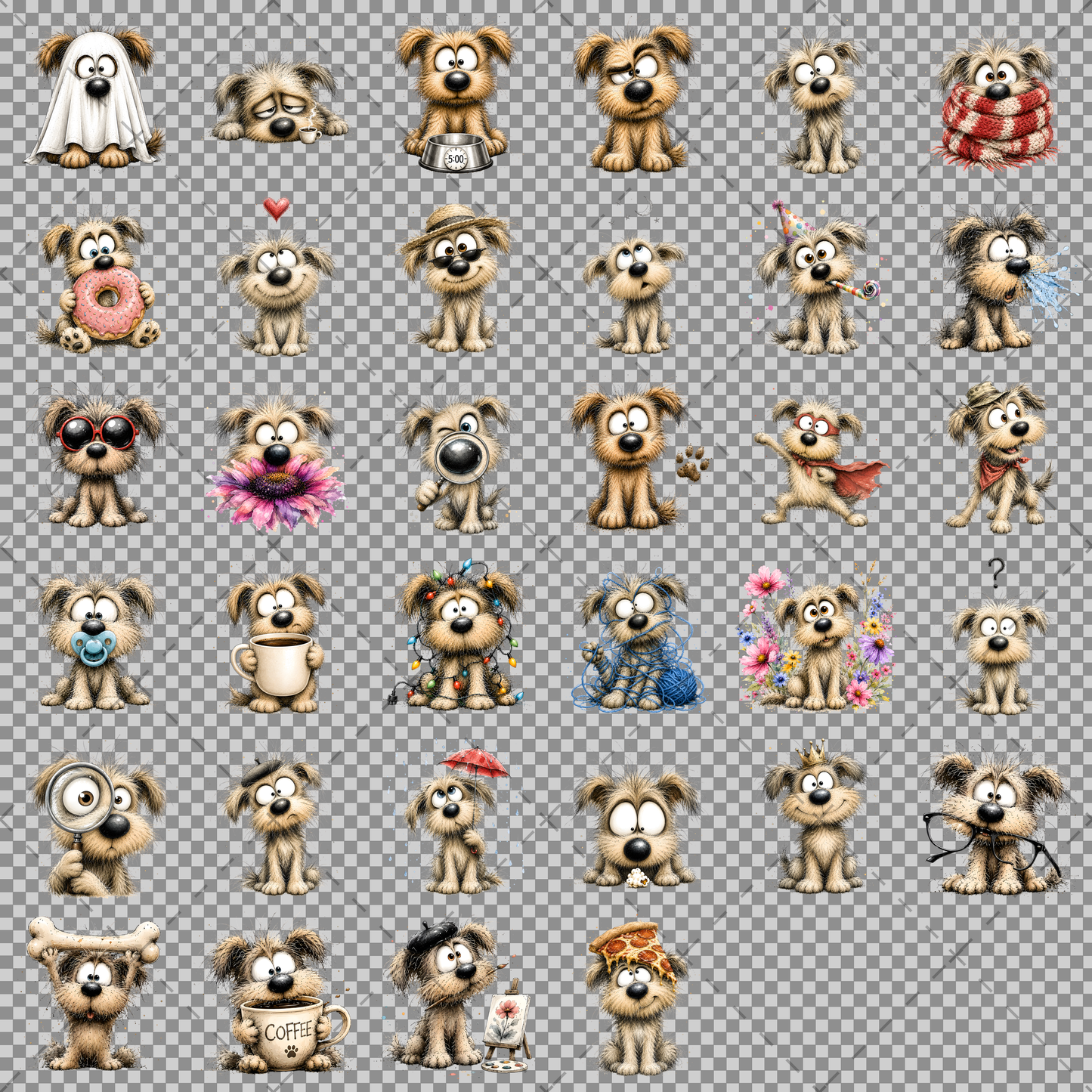 Shaggy Dog Clipart Bundle - Whimsical Puppy PNGs for Holidays & Everyday Humor - Commercial Use Digital Download for POD Digital Downloads, dog themed craft, cartoon dog print, dog lover gift, PNG, digital download, high resolution