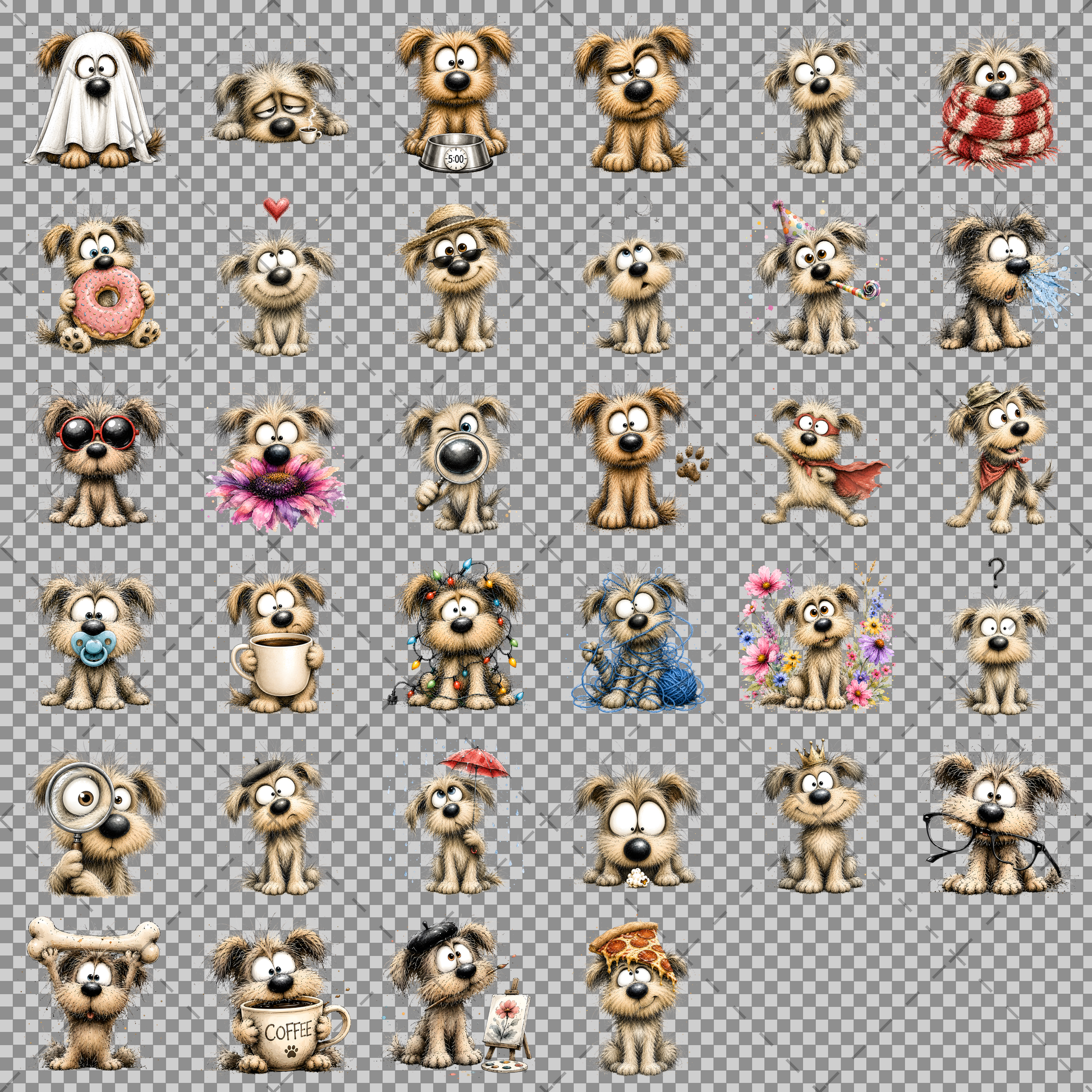 Shaggy Dog Clipart Bundle - Whimsical Puppy PNGs for Holidays & Everyday Humor - Commercial Use Digital Download for POD Digital Downloads, dog themed craft, cartoon dog print, dog lover gift, PNG, digital download, high resolution