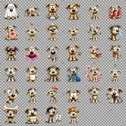 Shaggy Dog Clipart Bundle - Whimsical Puppy PNGs for Holidays & Everyday Humor - Commercial Use Digital Download for POD Digital Downloads, dog themed craft, cartoon dog print, dog lover gift, PNG, digital download, high resolution